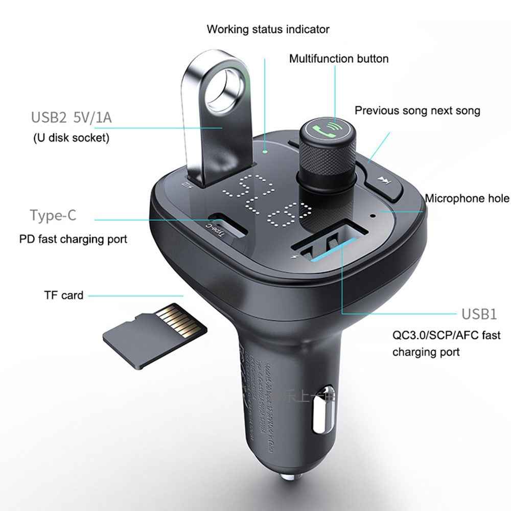 LOHEE S-21 Bluetooth-compatible Car Charger Adapter FM Transmitter QC3.0 USB Fast Charging Car Charger Support TF Card/U-disk/BT Music Player