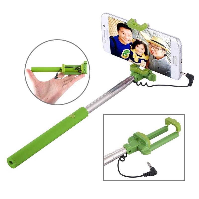 Wire Controlled Metal Selfie Stick Monopod Folding Extendable Plam Handheld Holder for iOS & Android Phone, Folded Length: 16.6cm, Max Extension Length: 63.7cm (Green)