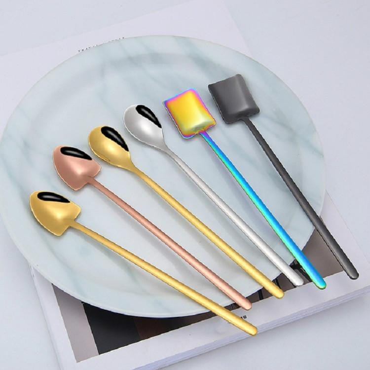 2 PCS Stainless Steel Spoon Creative Coffee Spoon Bar Ice Spoon Gold Plated Long Stirring Spoon, Style:Square Spoon, Color:Rose Gold