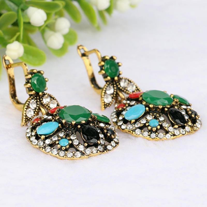 Vintage Ethnic Style Jewelry Set Necklace Earrings (Green)