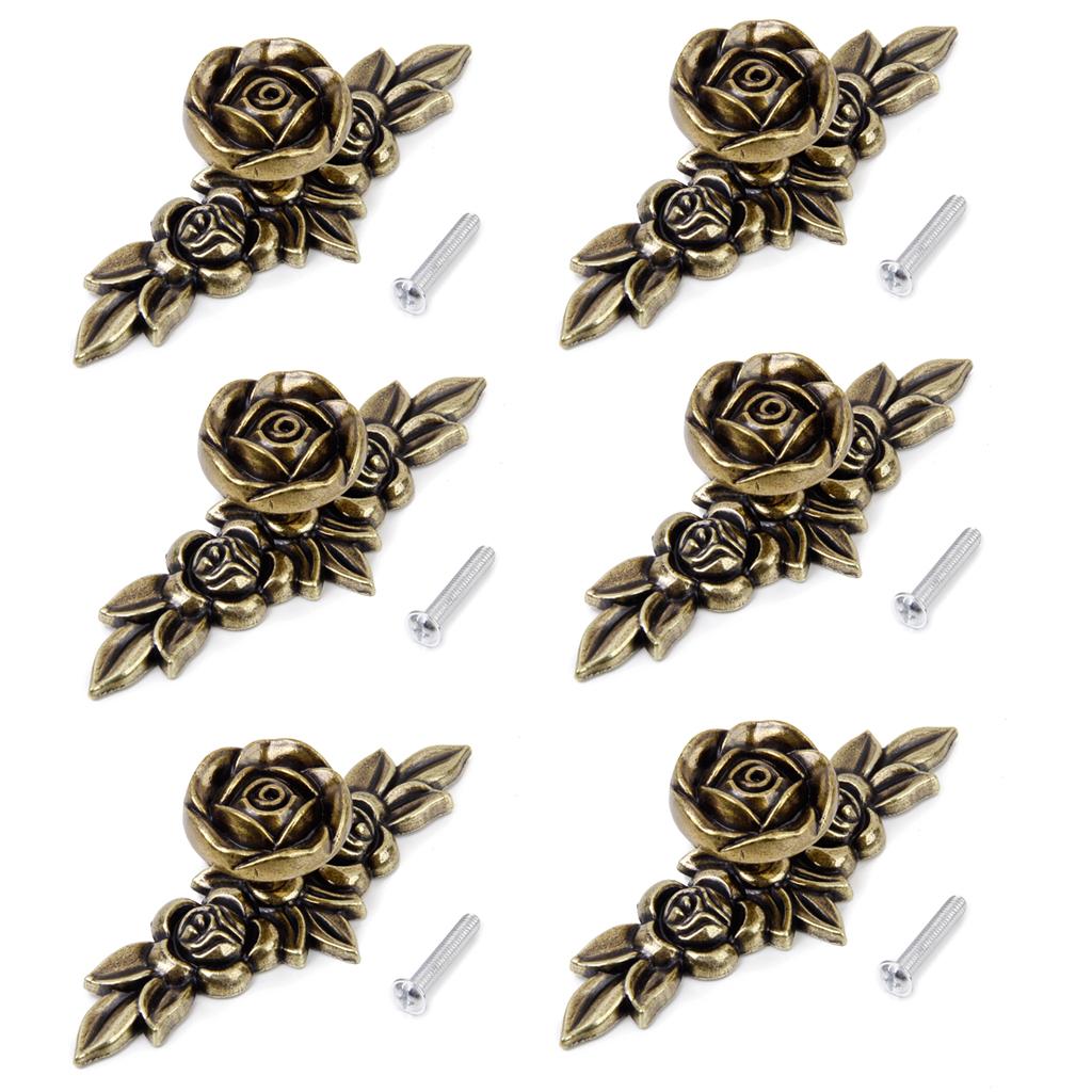 6Pieces Retro Style Pulls Rose Furniture Hardware for Cabinet Door Bronze