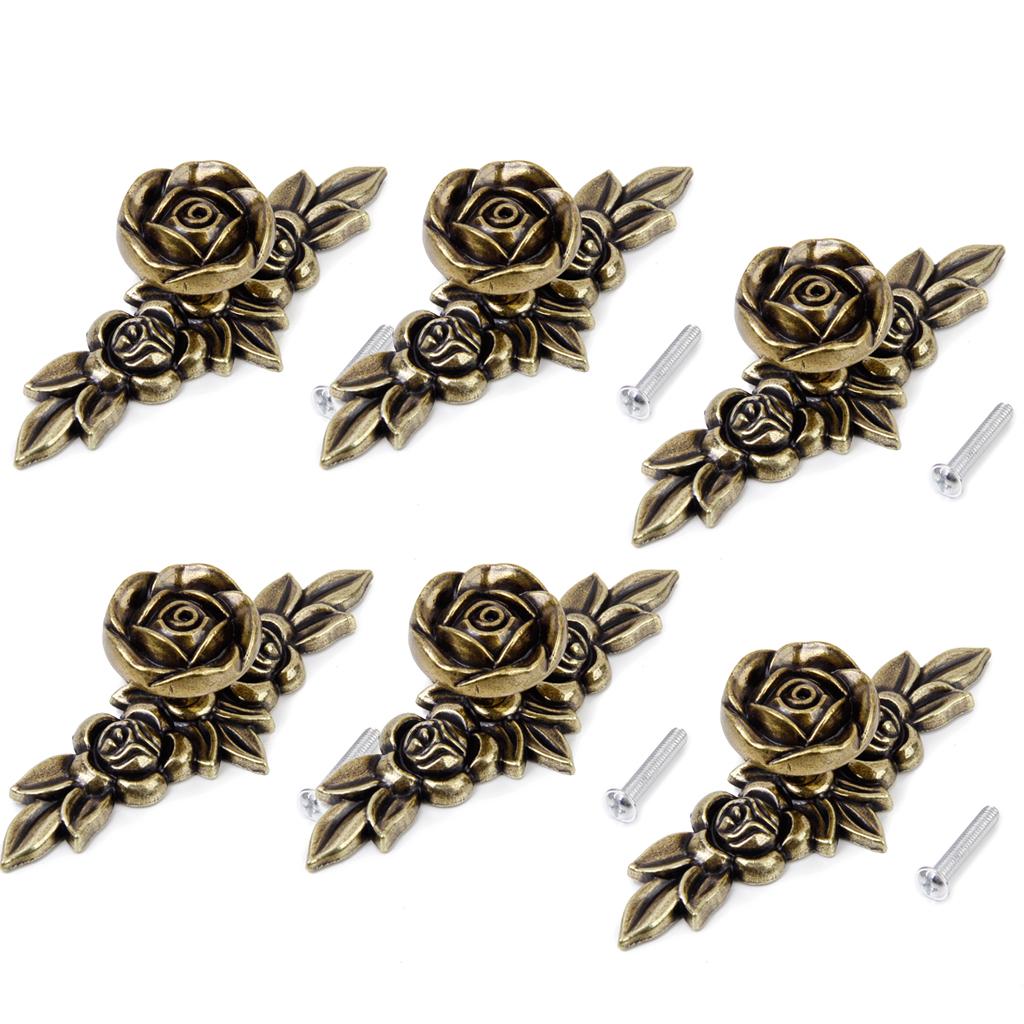 6Pieces Retro Style Pulls Rose Furniture Hardware for Cabinet Door Bronze