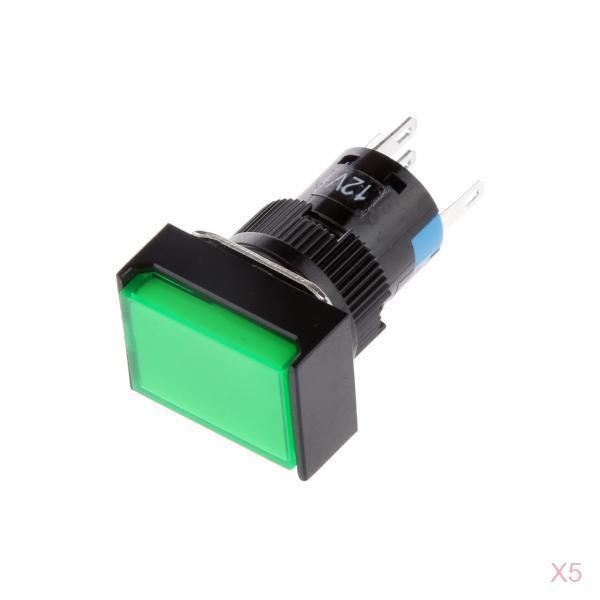 5 pcs DC 12V Momentary Self Reset Square Push Button Switch LED Light Green
