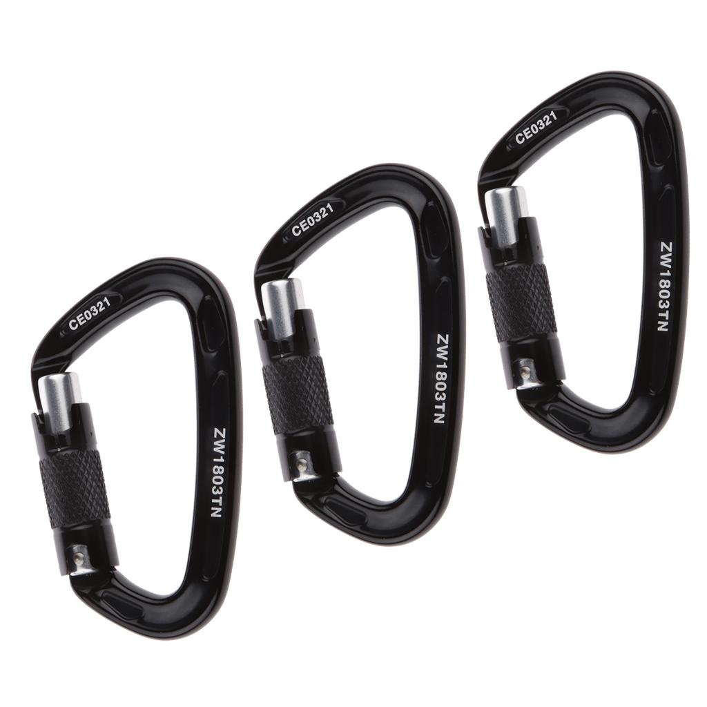 3 Pieces Self-locking Mountaineering Climbing Aluminum Carabiner 24KN Black
