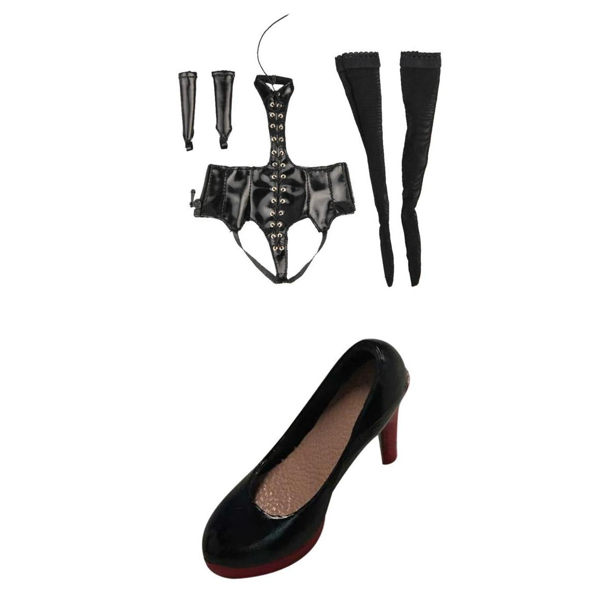 1/6 Black Lace Up Lingerie Suit + High Heels for 12 Female Action Figure"