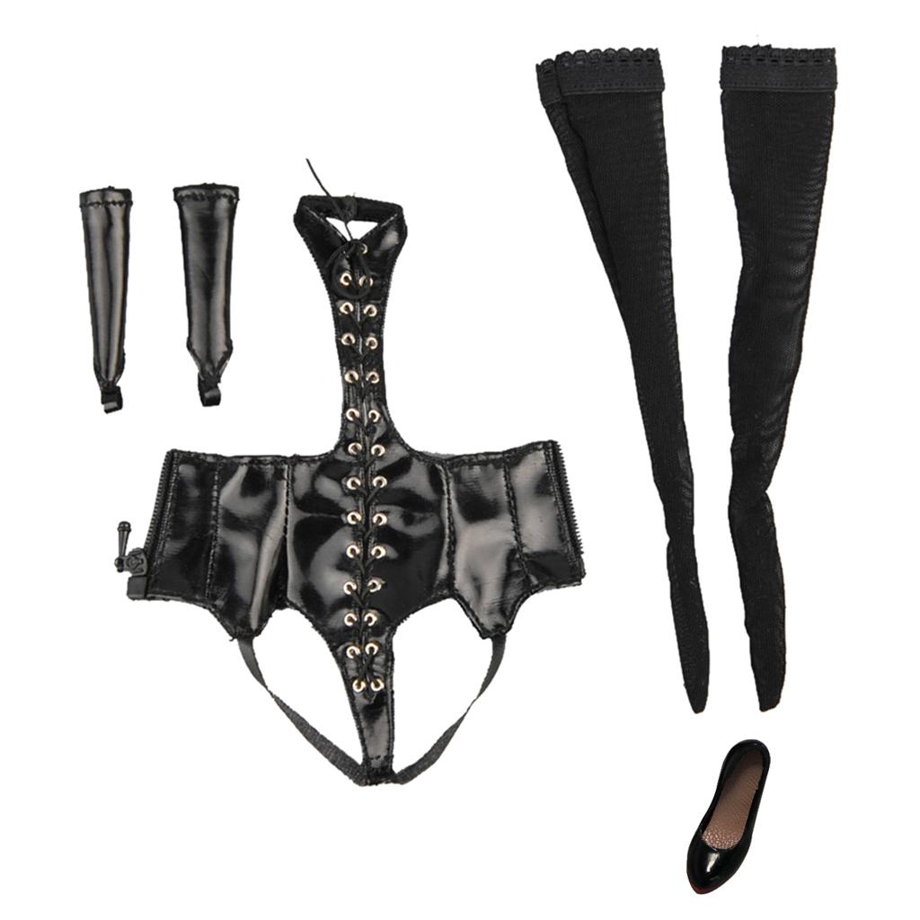 1/6 Black Lace Up Lingerie Suit + High Heels for 12 Female Action Figure"