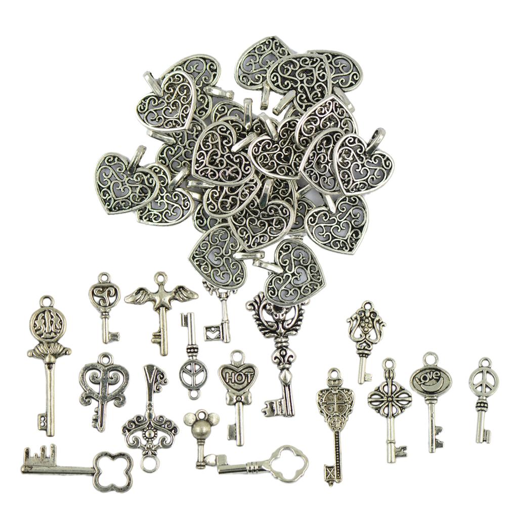 100 Pieces Tibetan Silver Filigree Heart + Key Pendant Charms DIY Crafts