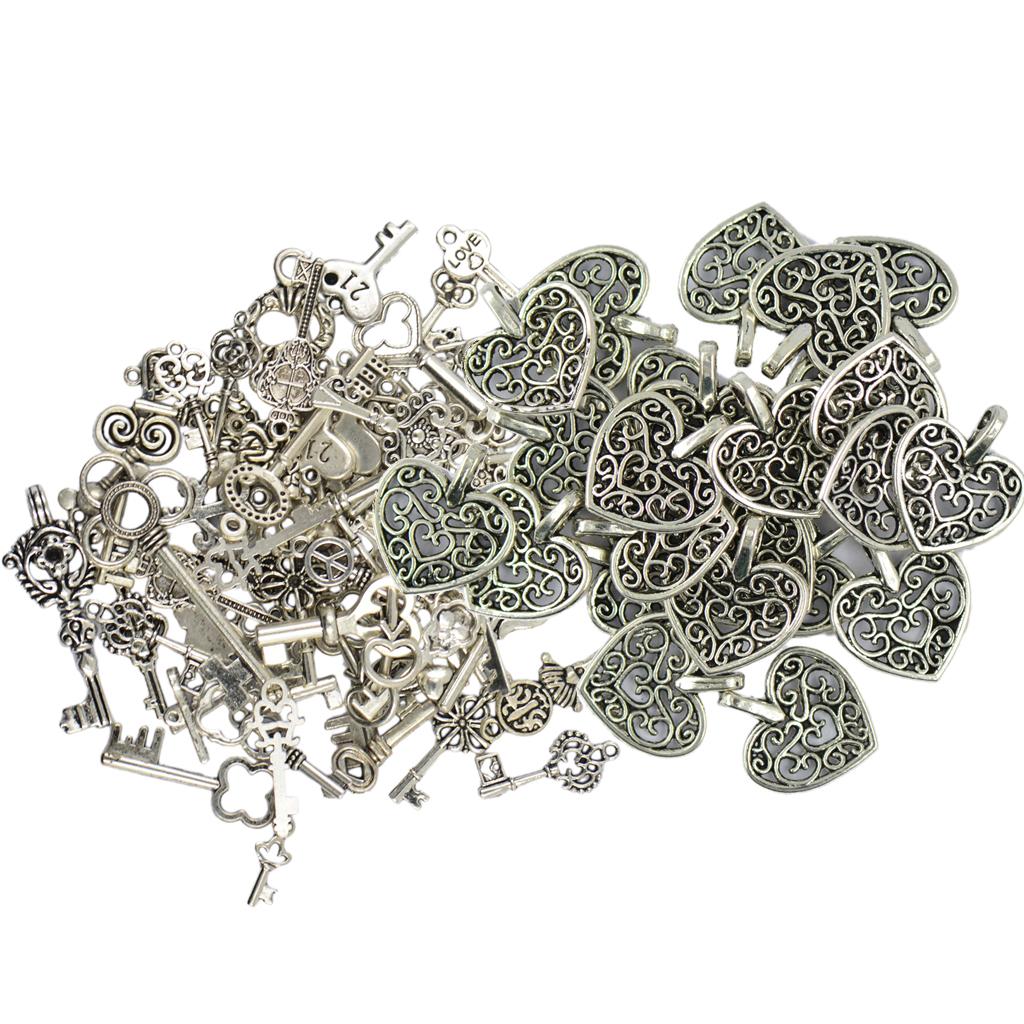 100 Pieces Tibetan Silver Filigree Heart + Key Pendant Charms DIY Crafts