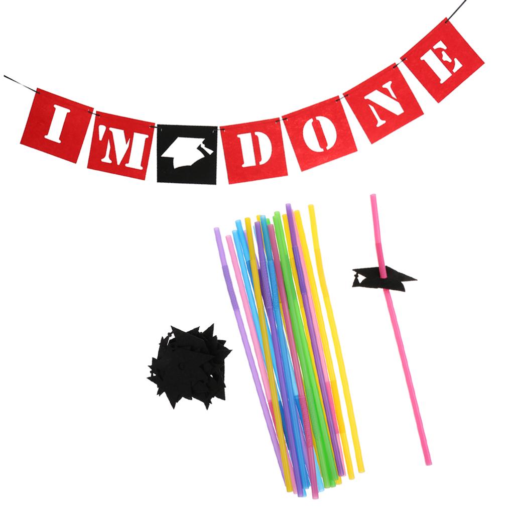 20x I'M DONE Graduation Cap Banner &Disposable Drinking Straw Set Decoration