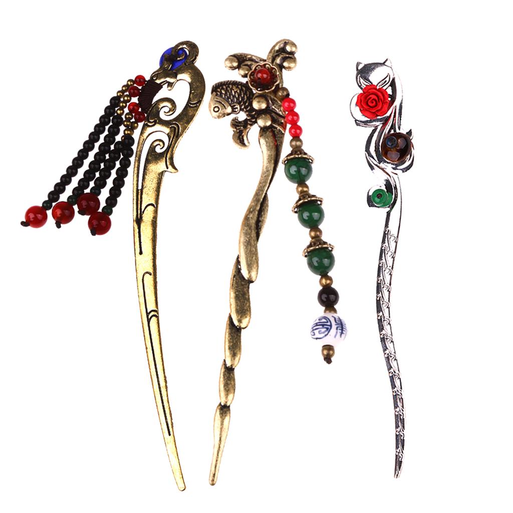 3 Pieces Ancient Chinese Beaded Tassel Pendant Hair Stick Women Hair Jewelry