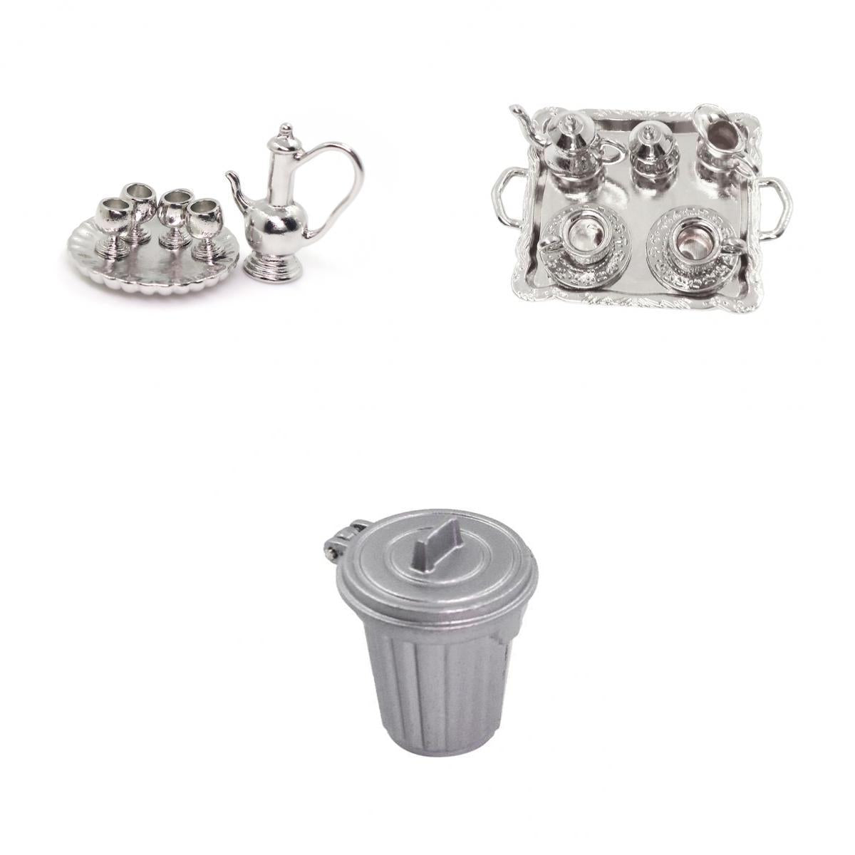 17 Pieces 1:12 Dollhouse Miniature Silver Metal Tea Coffee Sets Trash Can