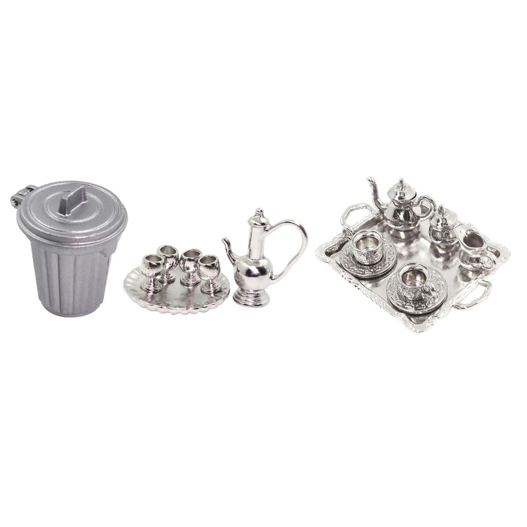17 Pieces 1:12 Dollhouse Miniature Silver Metal Tea Coffee Sets Trash Can