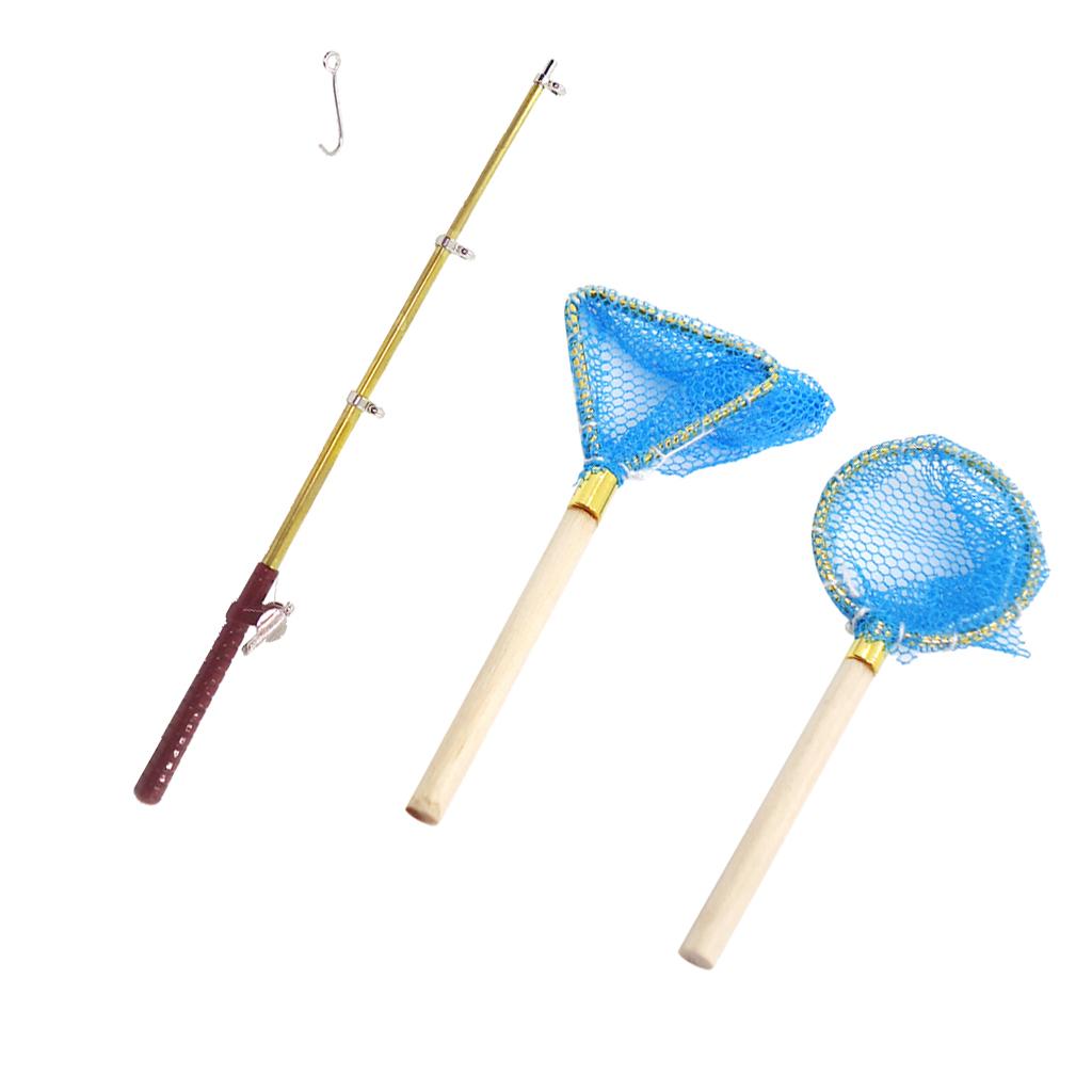 1:12 Dollhouse Miniature Fishing Net and Rod Model Life Scene Decoration