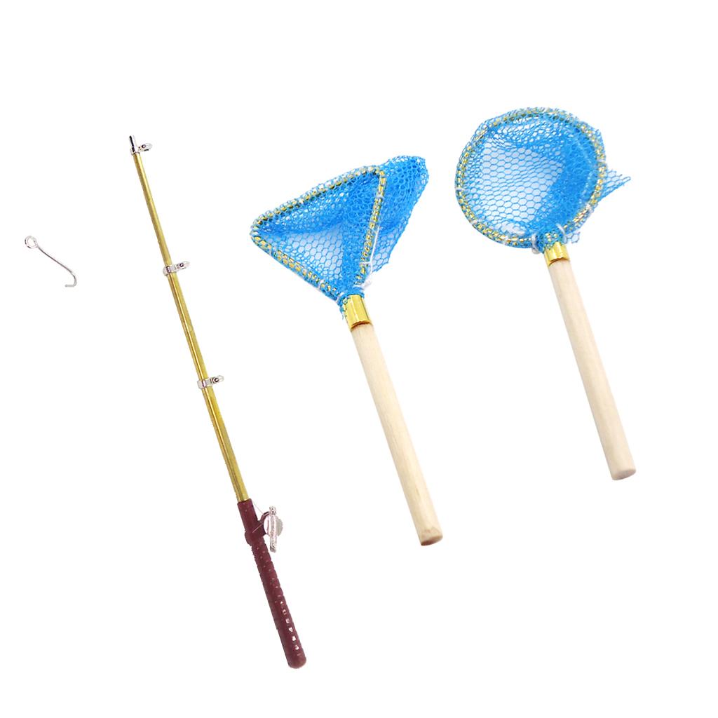 1:12 Dollhouse Miniature Fishing Net and Rod Model Life Scene Decoration