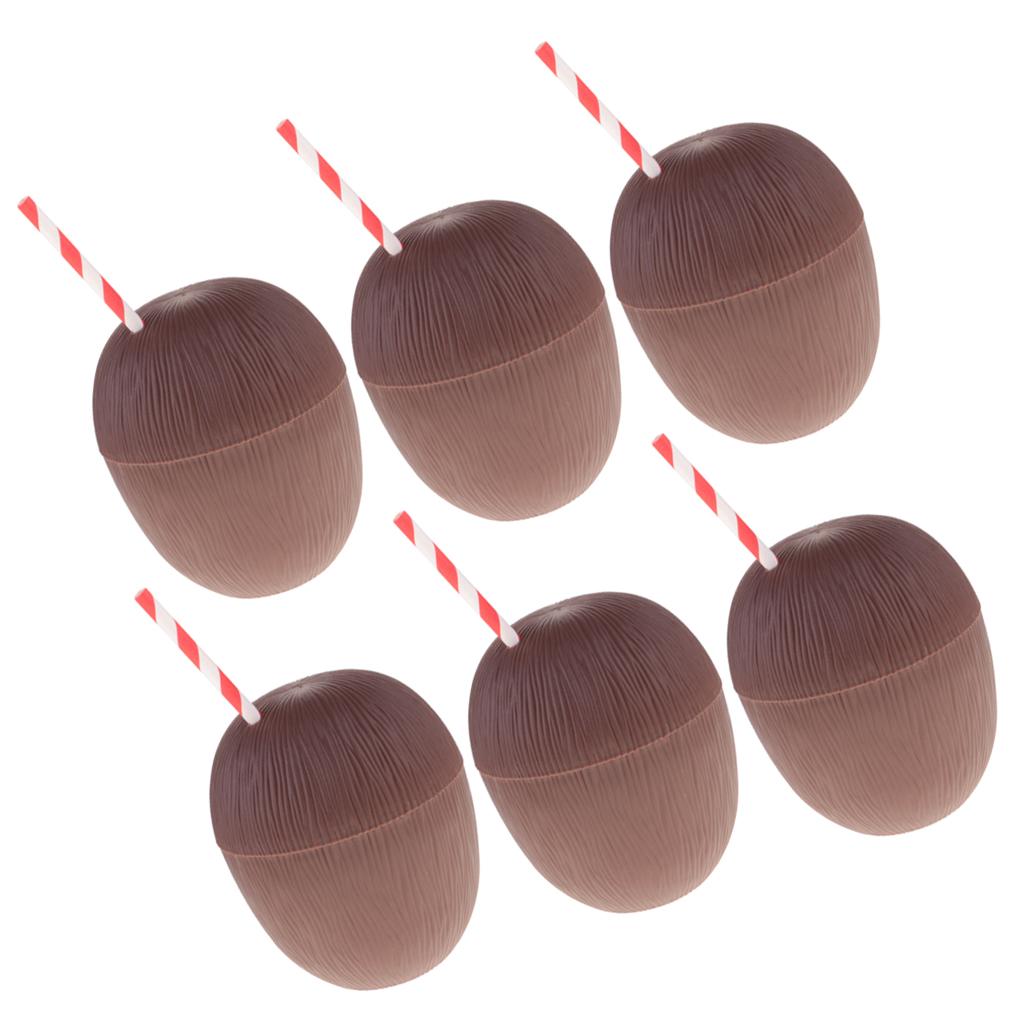 6 Plastic Tropical Coconut Drinking Cup Straw Hawaii Luau Beach Party Decor