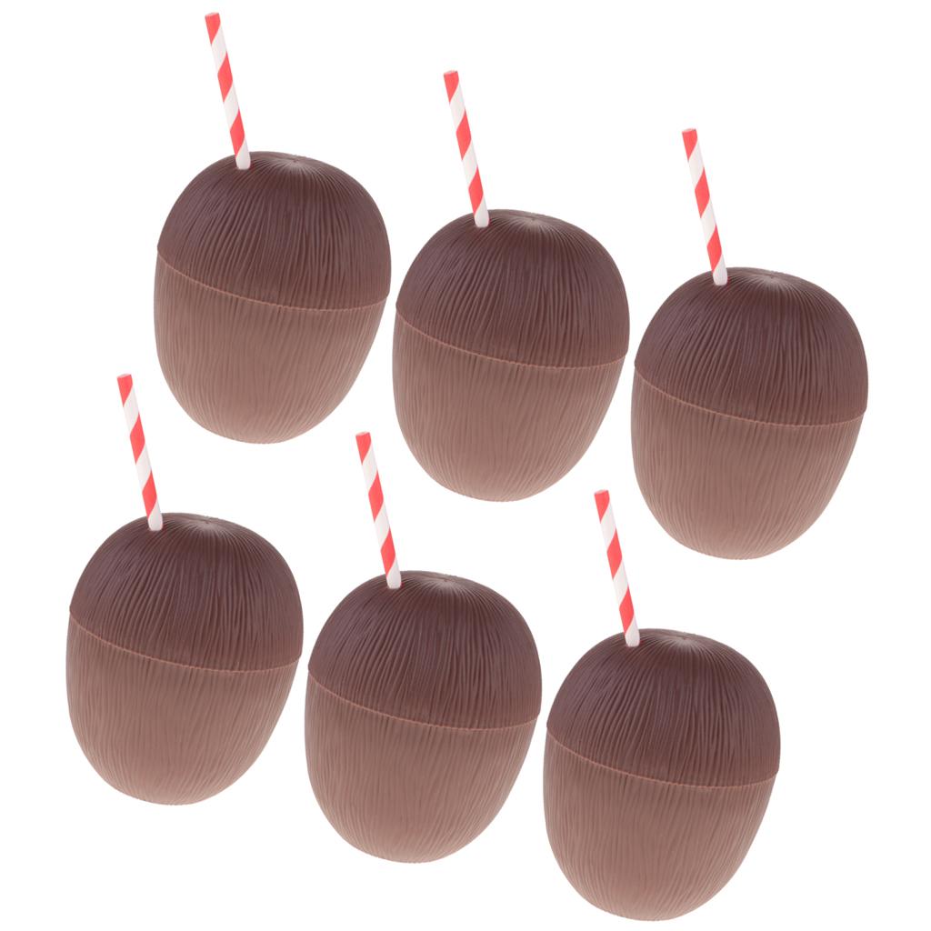 6 Plastic Tropical Coconut Drinking Cup Straw Hawaii Luau Beach Party Decor
