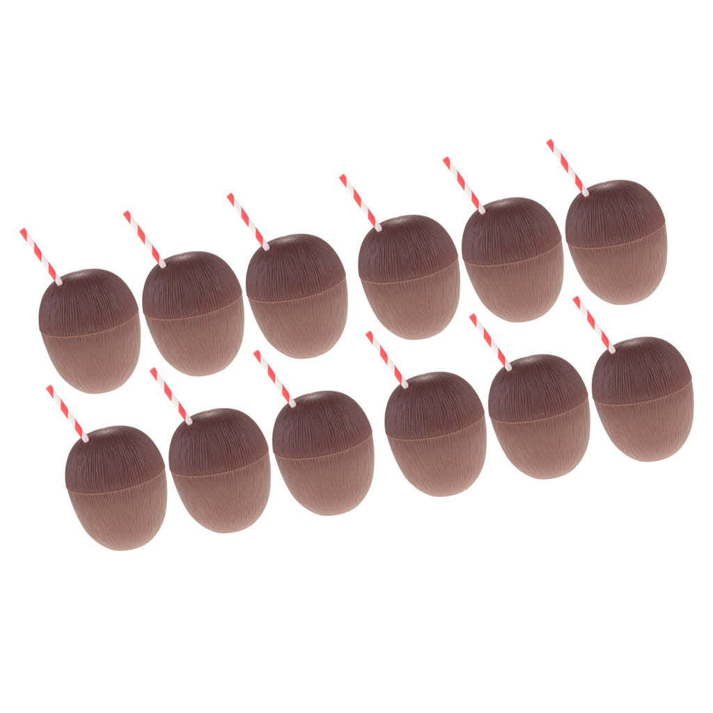 12 Plastic Tropical Coconut Drinking Cup Straw Hawaii Luau Beach Party Decor