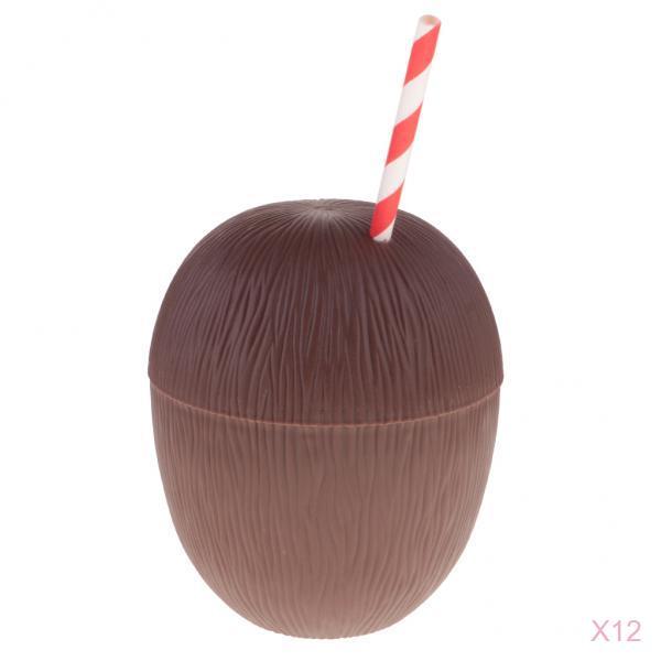 12 Plastic Tropical Coconut Drinking Cup Straw Hawaii Luau Beach Party Decor