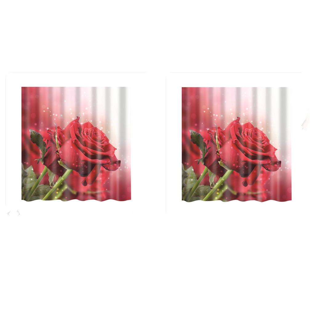 2 pieces Polyester Shower Curtain with Hooks Bathroom Hanging Decor Red Rose