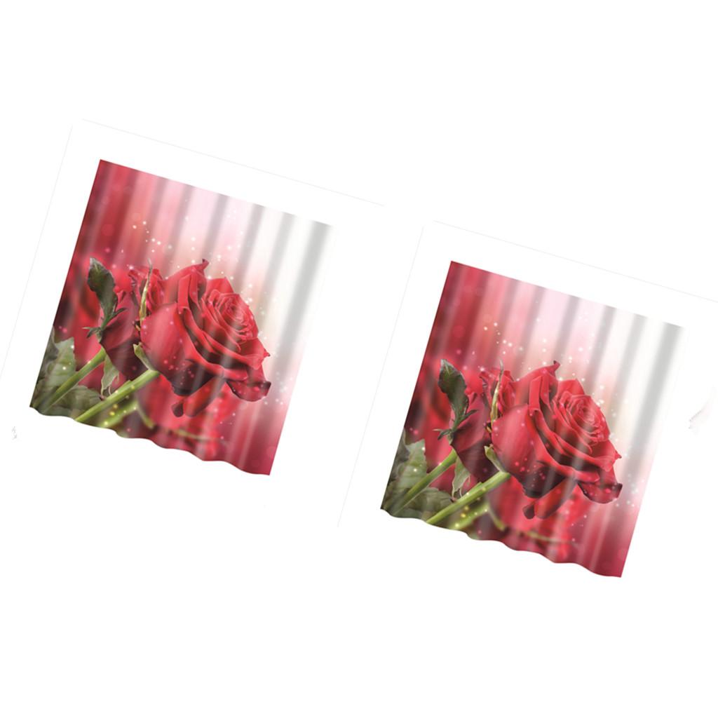 2 pieces Polyester Shower Curtain with Hooks Bathroom Hanging Decor Red Rose