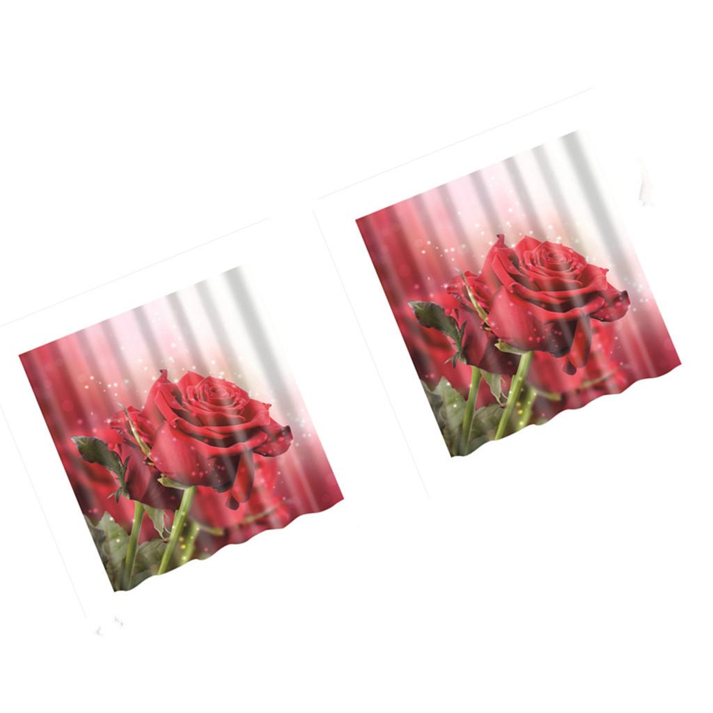 2 pieces Polyester Shower Curtain with Hooks Bathroom Hanging Decor Red Rose