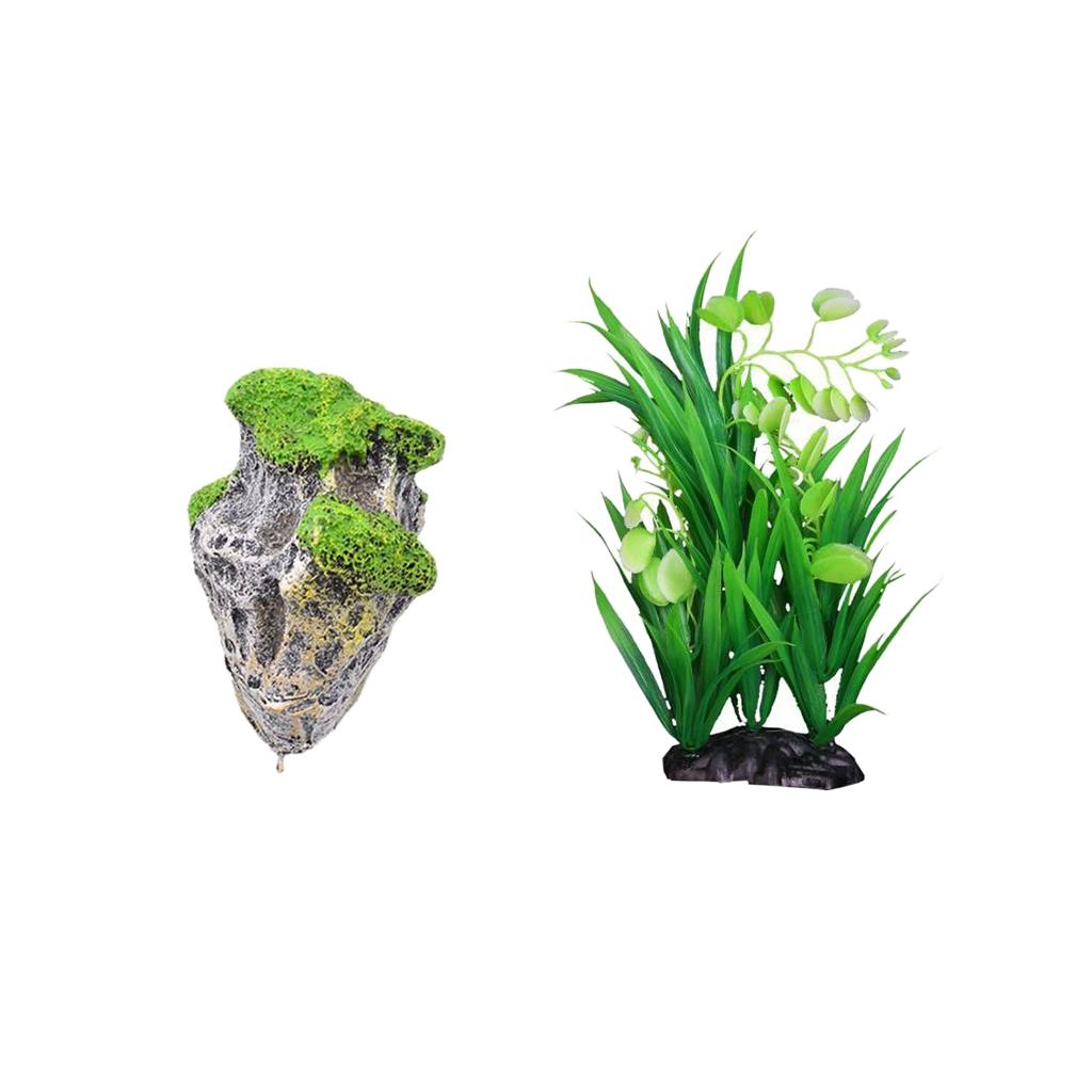 Aquarium Ornament Stone Rock Artificial Water Plant Grass For Fish Tank Cave