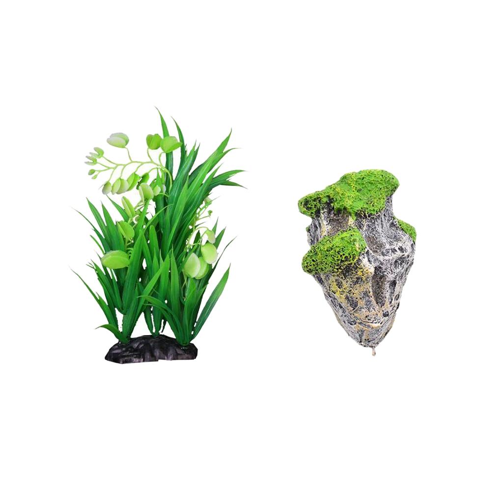 Aquarium Ornament Stone Rock Artificial Water Plant Grass For Fish Tank Cave
