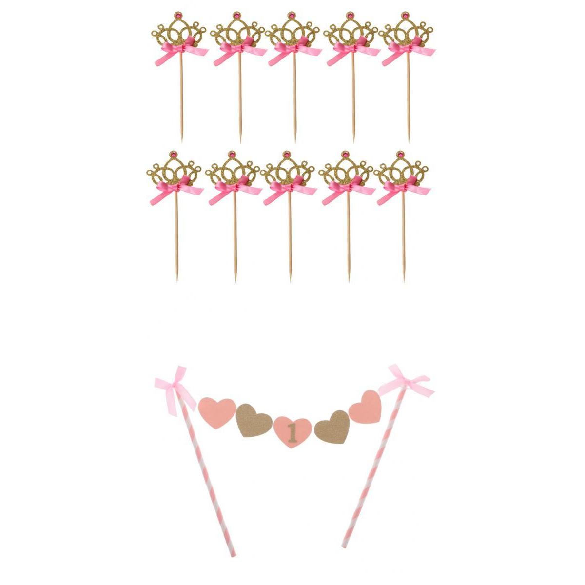 10xGlitter Gold Crown Cupcake Picks+Pink One 1st Birthday Cake Topper Banner
