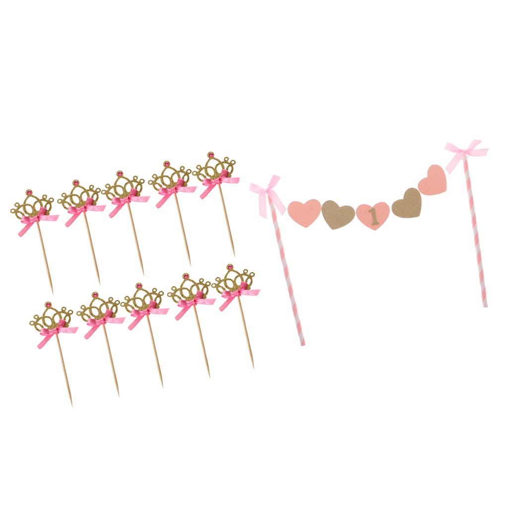 10xGlitter Gold Crown Cupcake Picks+Pink One 1st Birthday Cake Topper Banner