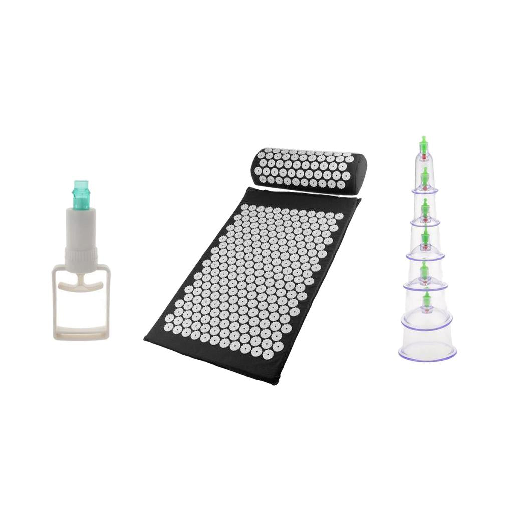 Acupressure Mat Pillow Back Neck Pain Relief + 6 Cups Vacuum Suction Cupping