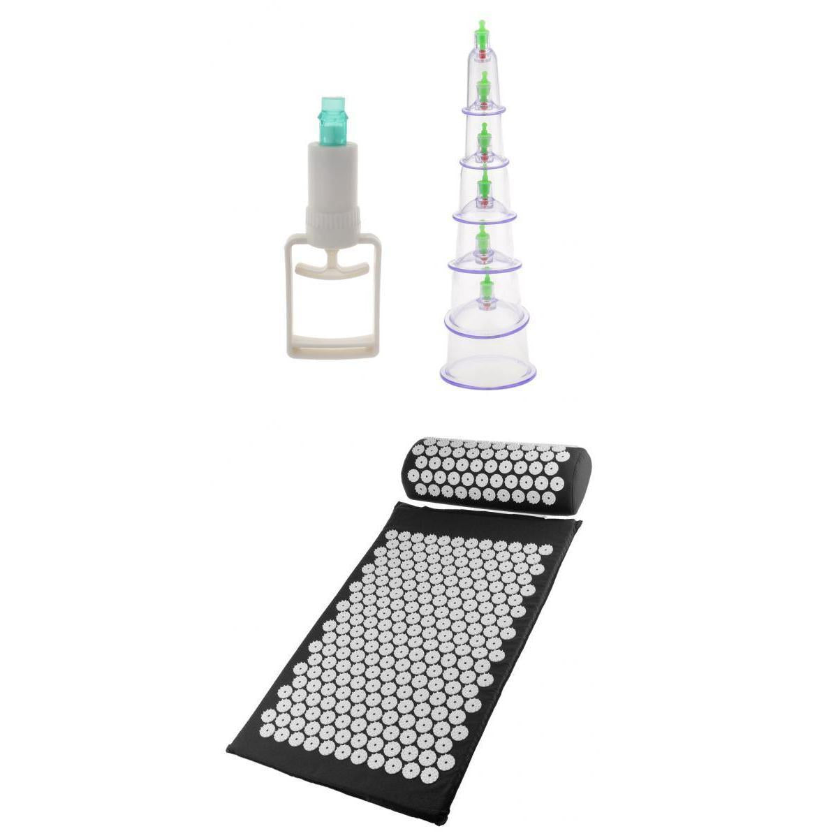 Acupressure Mat Pillow Back Neck Pain Relief + 6 Cups Vacuum Suction Cupping