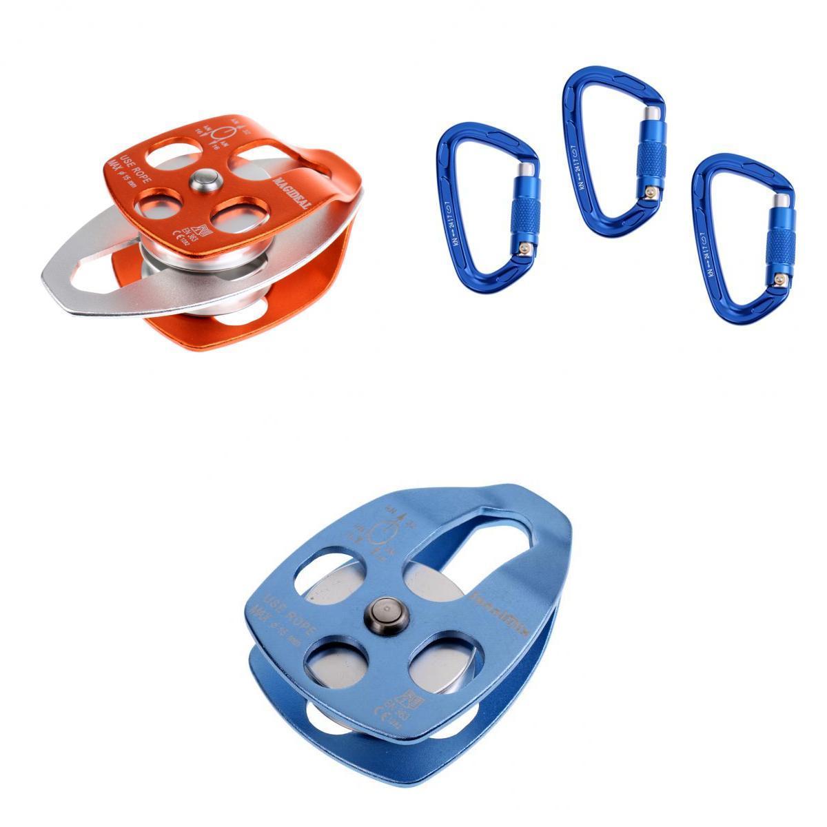 32KN Double + Single Pulley with 24KN Carabiner for Rigging Climbing Rescue