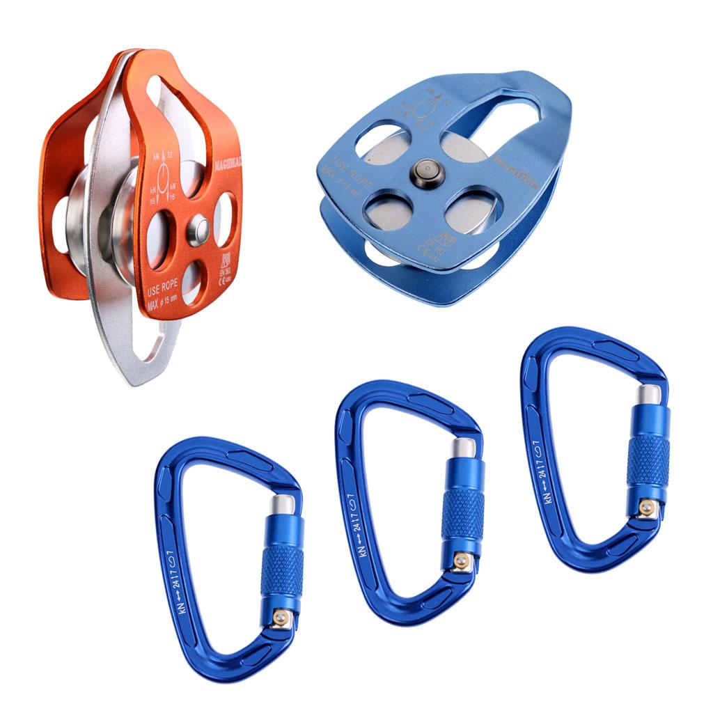 32KN Double + Single Pulley with 24KN Carabiner for Rigging Climbing Rescue