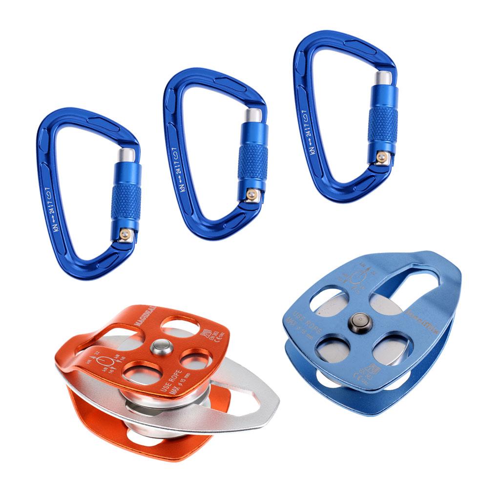 32KN Double + Single Pulley with 24KN Carabiner for Rigging Climbing Rescue