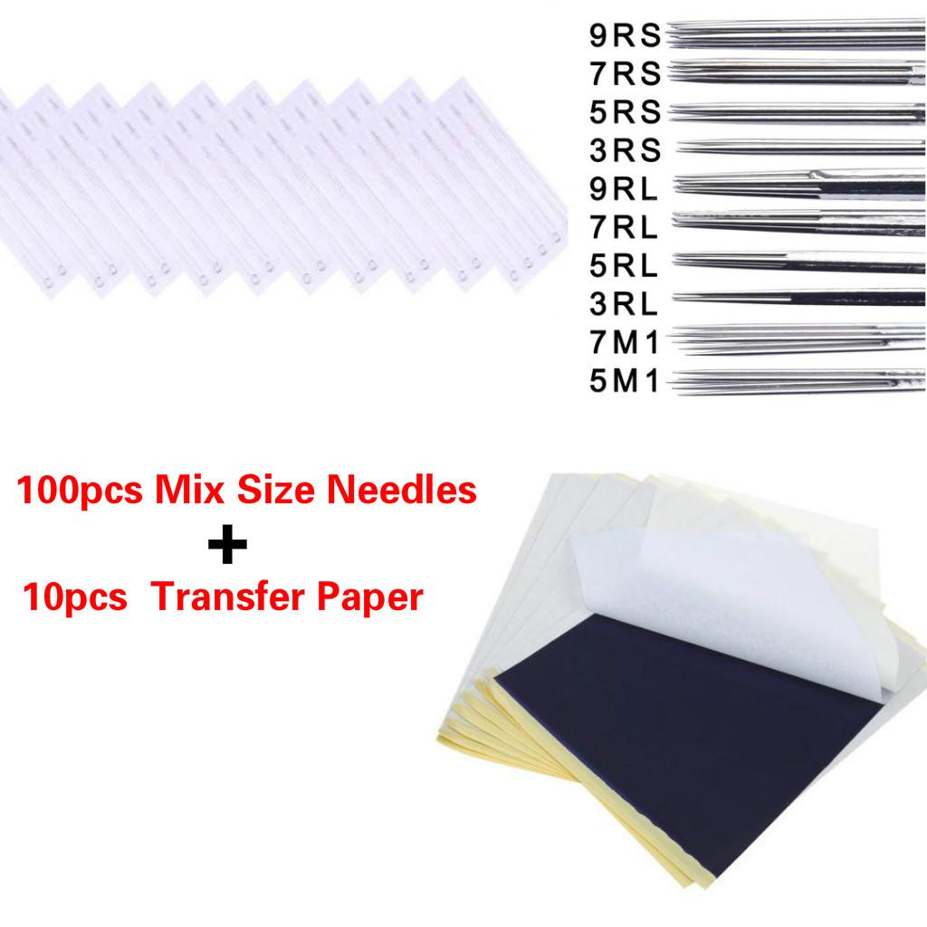 100Pcs Mix Disposable Tattoo Needles RL RS M1 + 10pcs Tattoo Transfer Paper