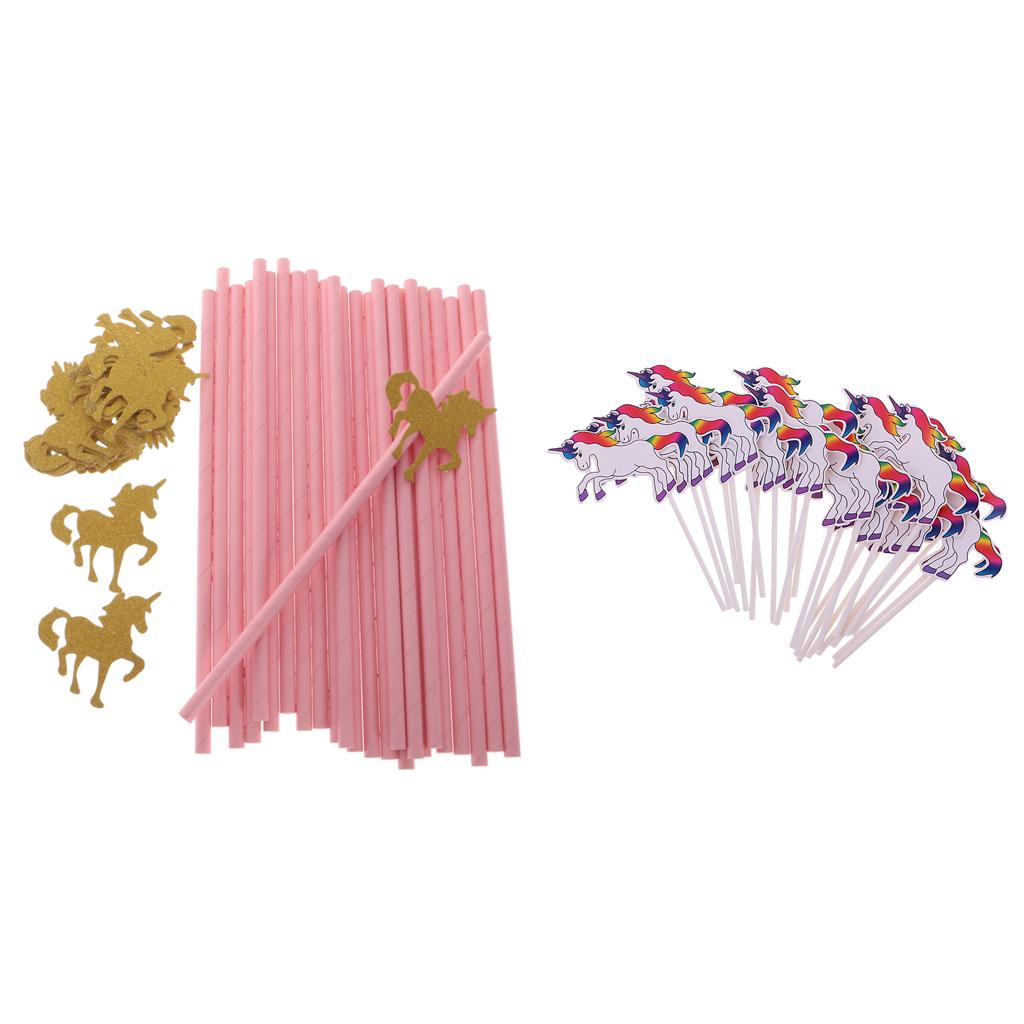 24pcs Unicorn Rainbow Cake Sticks+25pcs Paper Straws for Kids Birthday Party