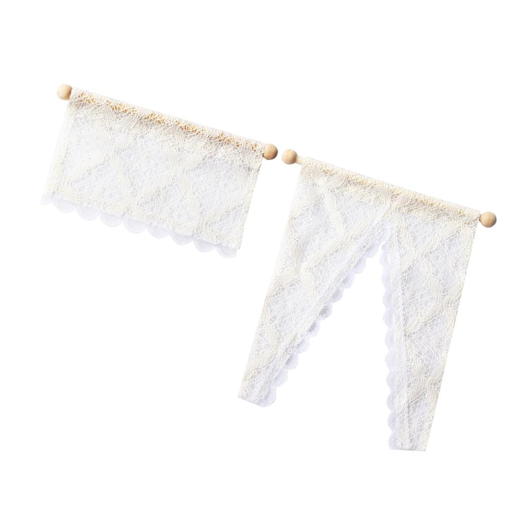 2 Pieces 1/12 Dollhouse Miniature Lace Curtain/Drape Wooden Rod Decor White