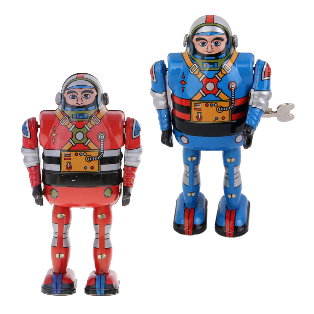 2 Pieces Retro Wind Up Clockwork Mechanical Walking Tin Astronaut Robot