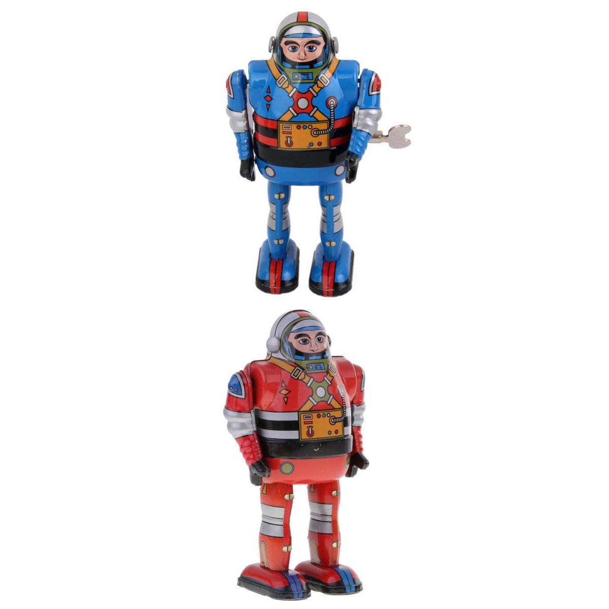 2 Pieces Retro Wind Up Clockwork Mechanical Walking Tin Astronaut Robot