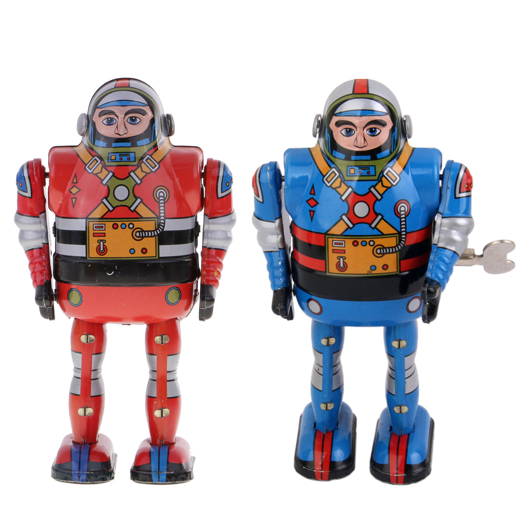 2 Pieces Retro Wind Up Clockwork Mechanical Walking Tin Astronaut Robot