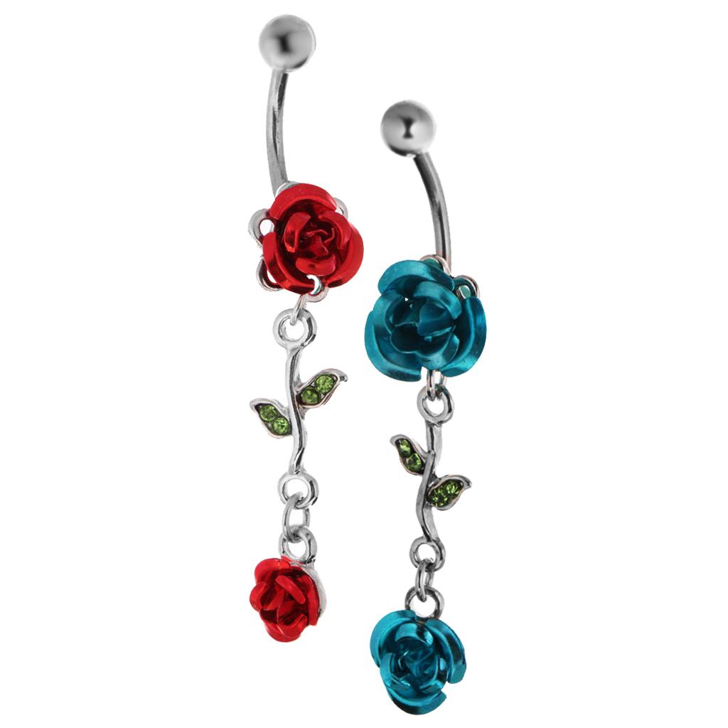 2 Pieces 316L Stainless Steel Belly Ring Rose Flower Navel Bar 14G Red/Blue