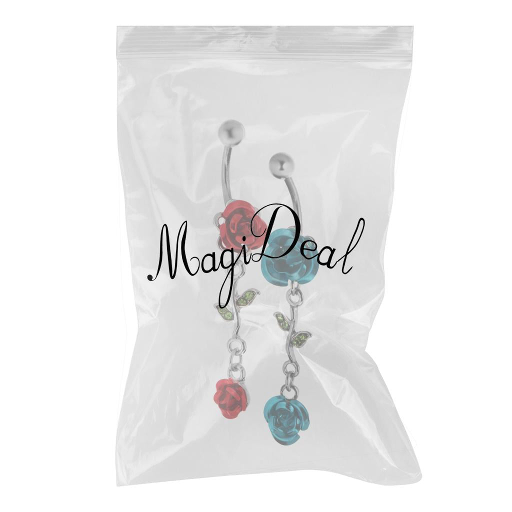 2 Pieces 316L Stainless Steel Belly Ring Rose Flower Navel Bar 14G Red/Blue