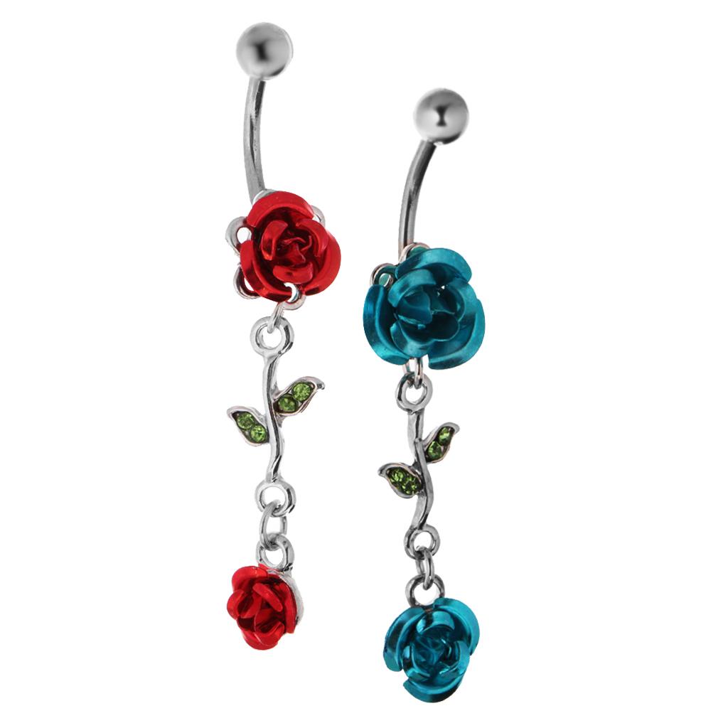 2 Pieces 316L Stainless Steel Belly Ring Rose Flower Navel Bar 14G Red/Blue