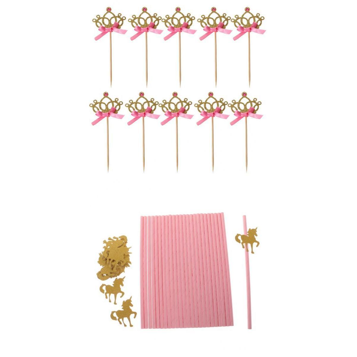 25xGold Glitter Unicorn Drinking Straw 10xCrown Cake Cupcake Topper Picks