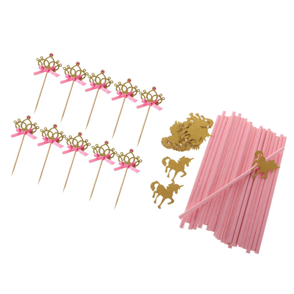 25xGold Glitter Unicorn Drinking Straw 10xCrown Cake Cupcake Topper Picks