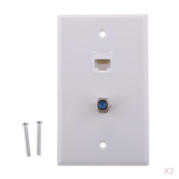 2Pieces Coaxial F Connector Ethernet Network RJ45 Jack Wall Plate Outlet