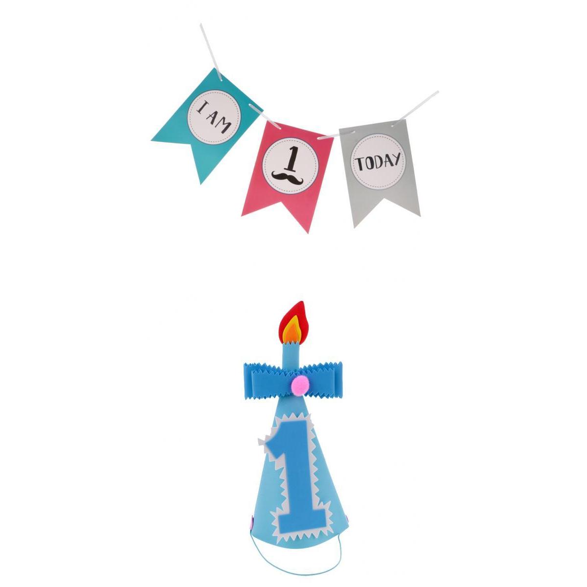 Baby 1st Birthday Party Cone Hat +I AM 1 TODAY Chair Banner Party Decoration