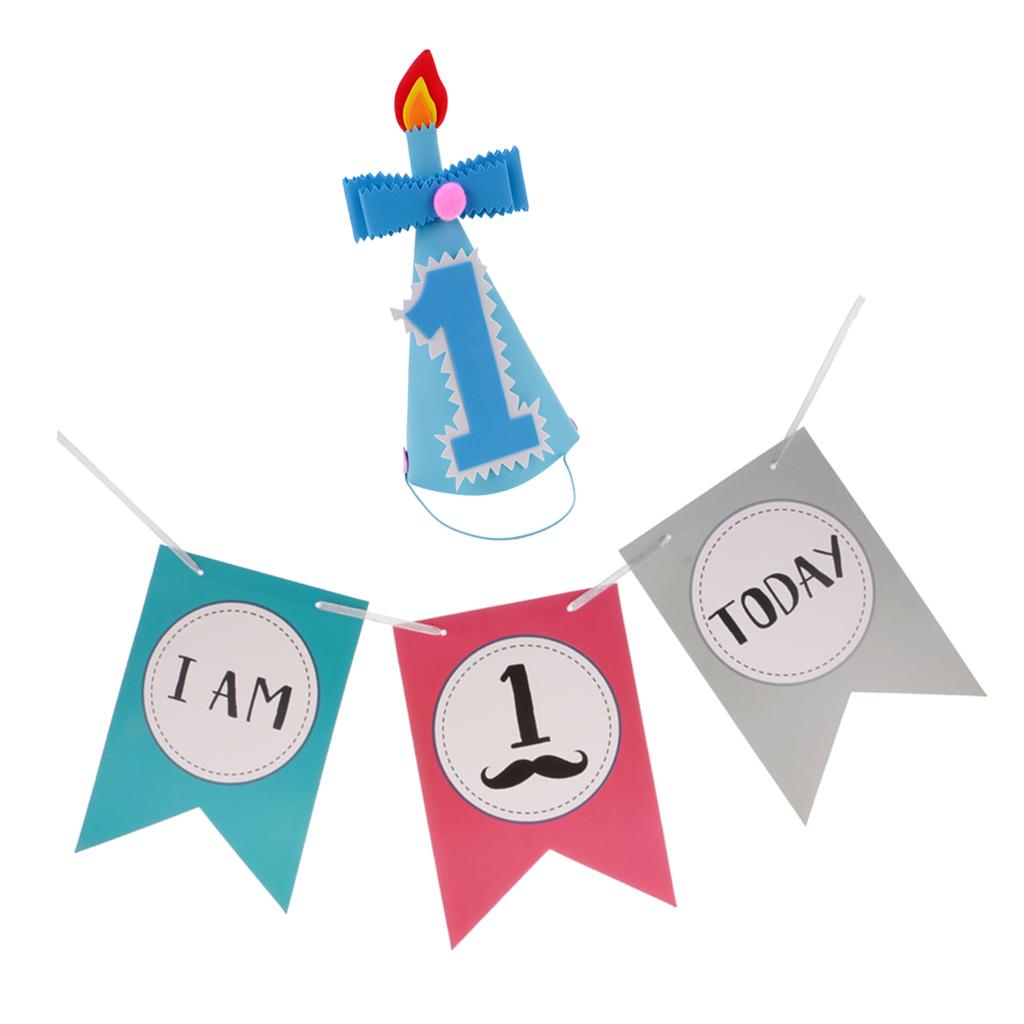 Baby 1st Birthday Party Cone Hat +I AM 1 TODAY Chair Banner Party Decoration