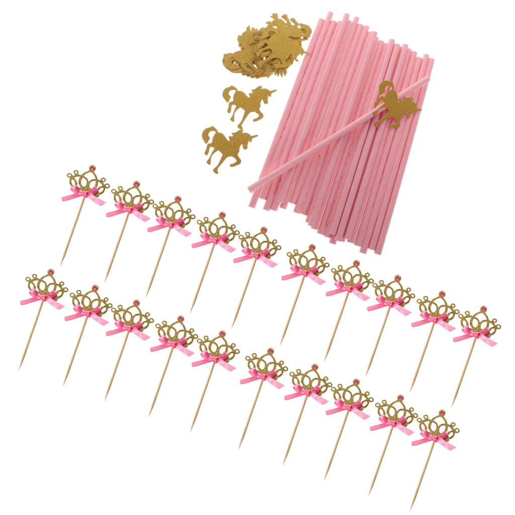25xGold Glitter Unicorn Drinking Straw 20xCrown Cake Cupcake Topper Picks