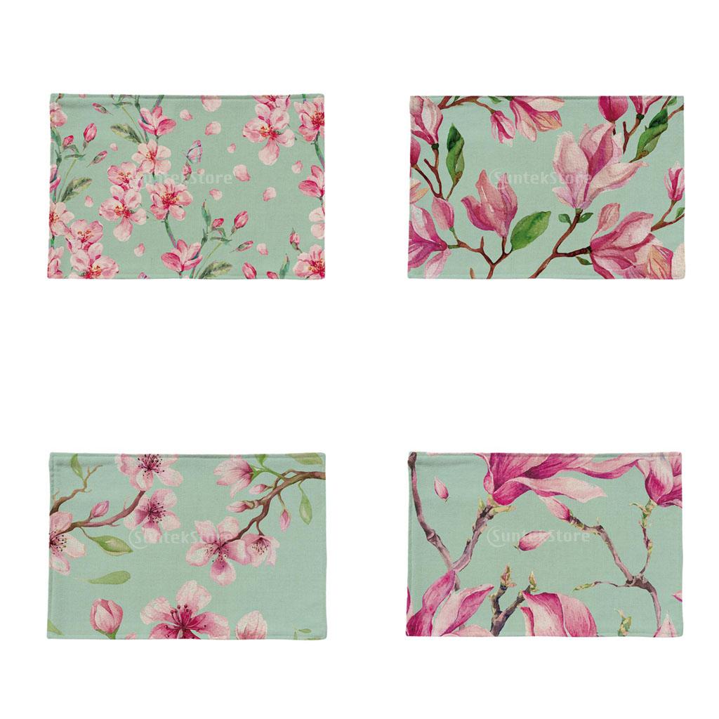 4Pieces Cotton Linen Floral Heat Insulated Placemats Dining Table Place Mats